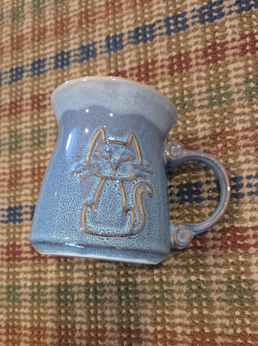 La Rochelle Denim Blue Drip Glaze Kitty Cat Coffee Mug Ceramic Pottery Embossed